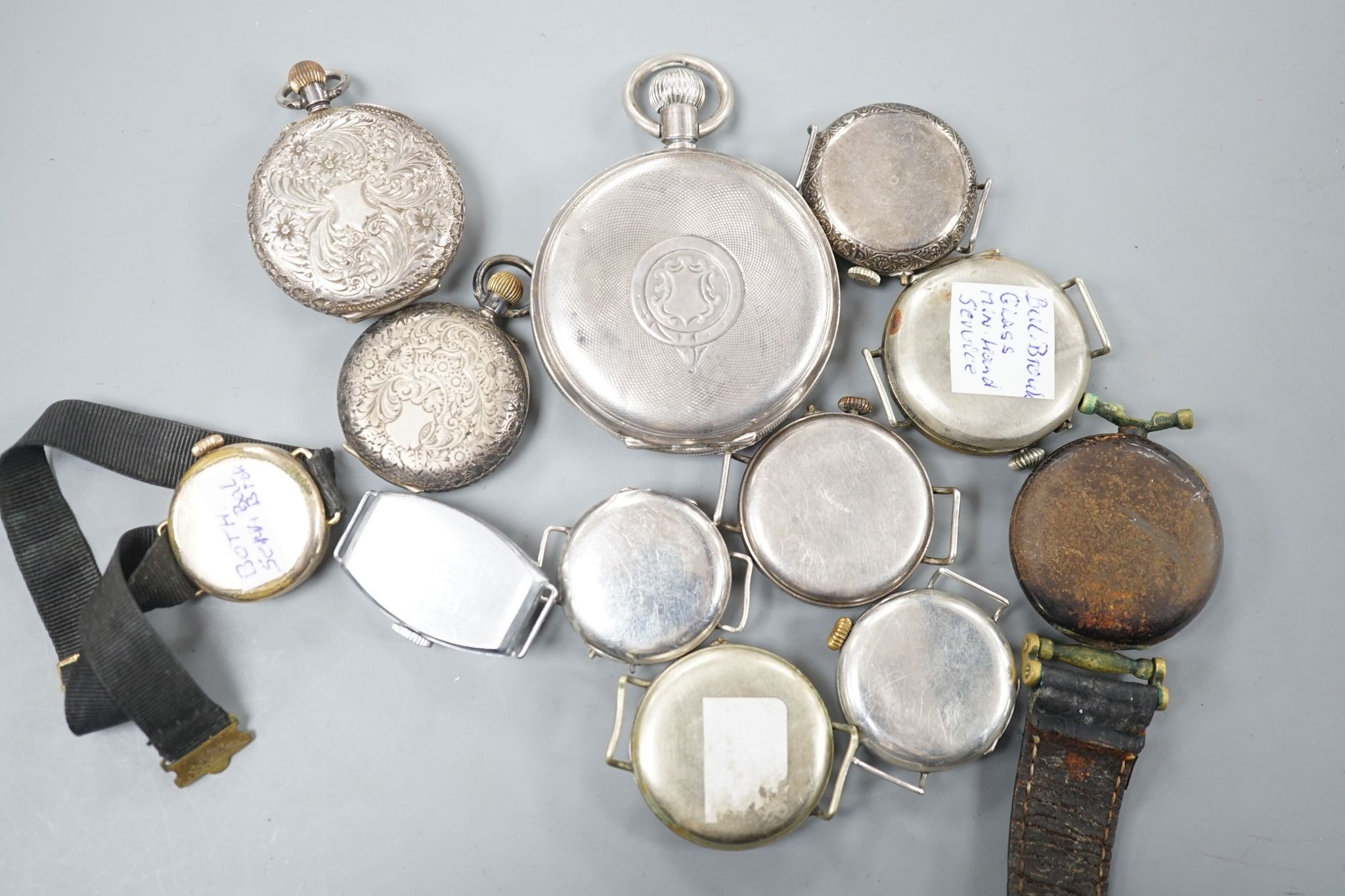 A George V silver open faced pocket watch, two silver or white metal fob watches and nine assorted mainly early 20th century wrist watches including silver.